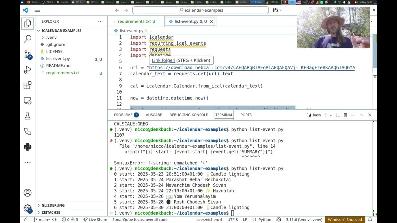 How to show future events of an online calendar with Python