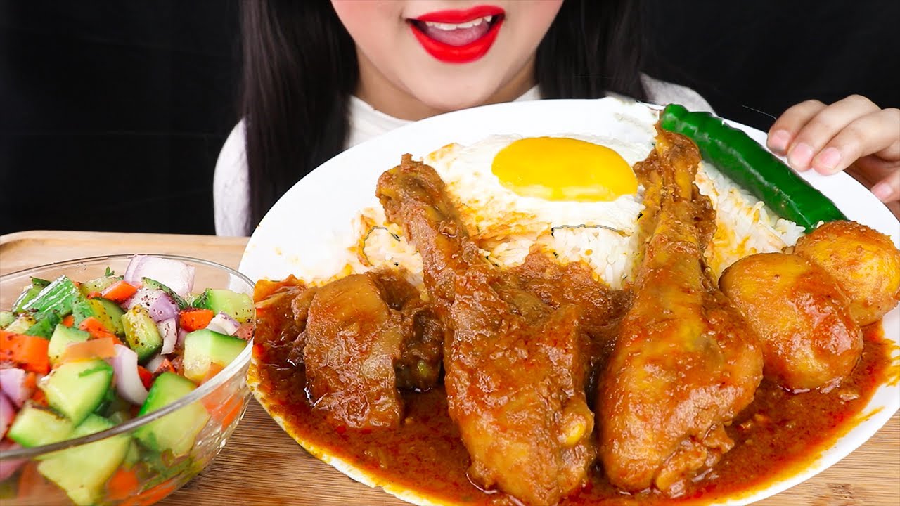 Eating Spicy Chicken Kosha(Curry)+Fried Egg With Basmati Rice(Mukbang Eating Show)