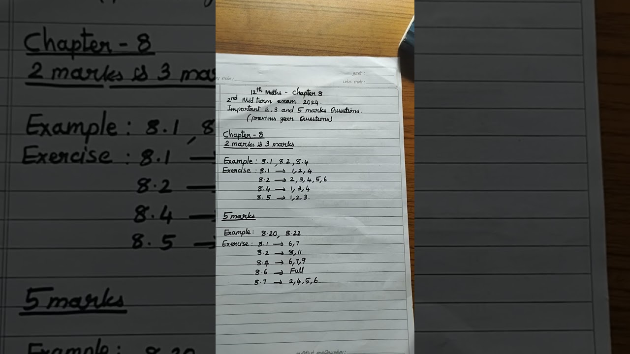 12th maths chapter 8 second midterm exam 2024 important 2 Mark 3 mark and 5 mark questions