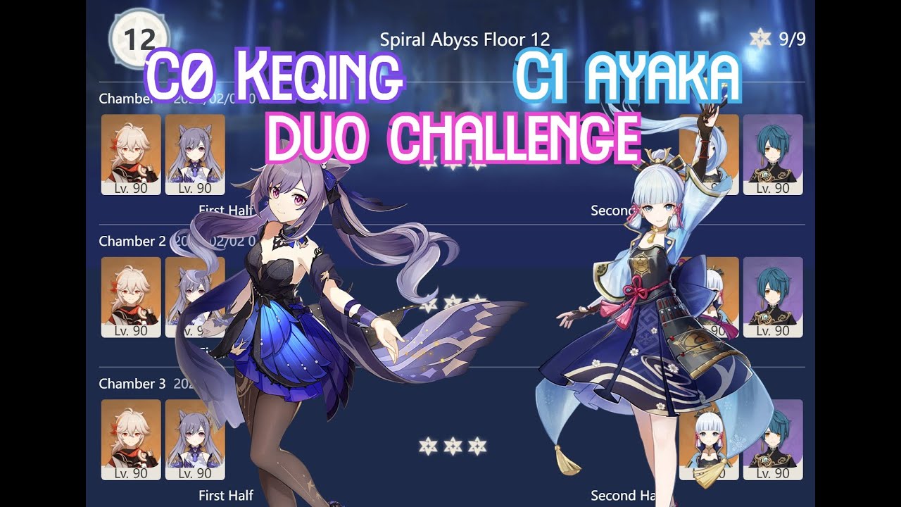 【GI】Keqing + Kazuha & Ayaka + Xingqiu -  Spiral Abyss 2.4 Floor 12 Duo Challenge Full Star Gameplay!