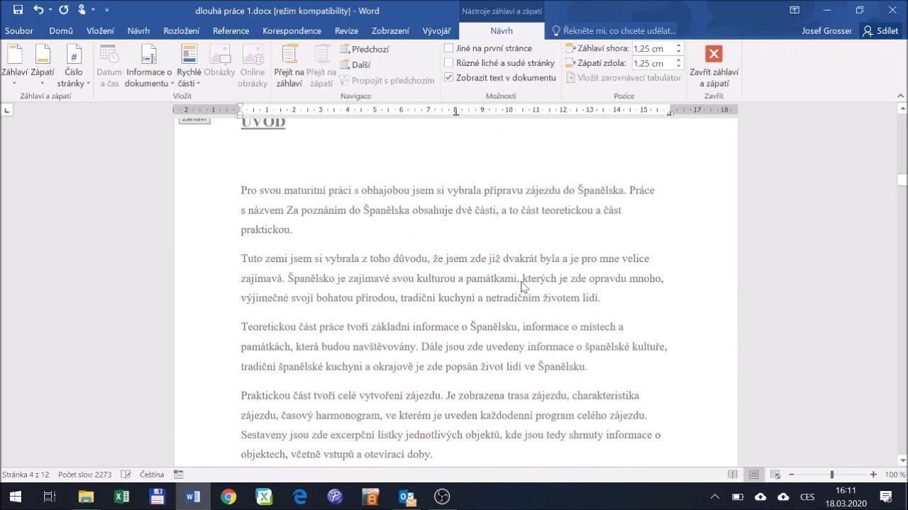 Word - záhlaví a zápatí, číslování stránek, oddíly
