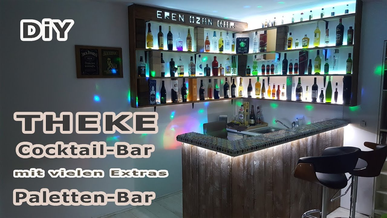 Bar - Theke aus Europaletten mit LED Strips und Kronkorken Tisch - Hobbybar - Partyraum - DIY Bar