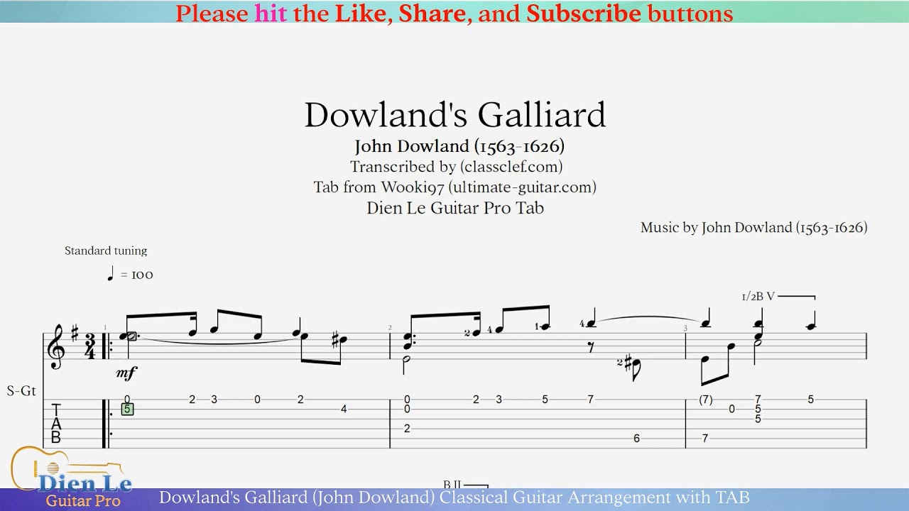 Dowland's Galliard (John Dowland) Classical Guitar Arrangement with TAB