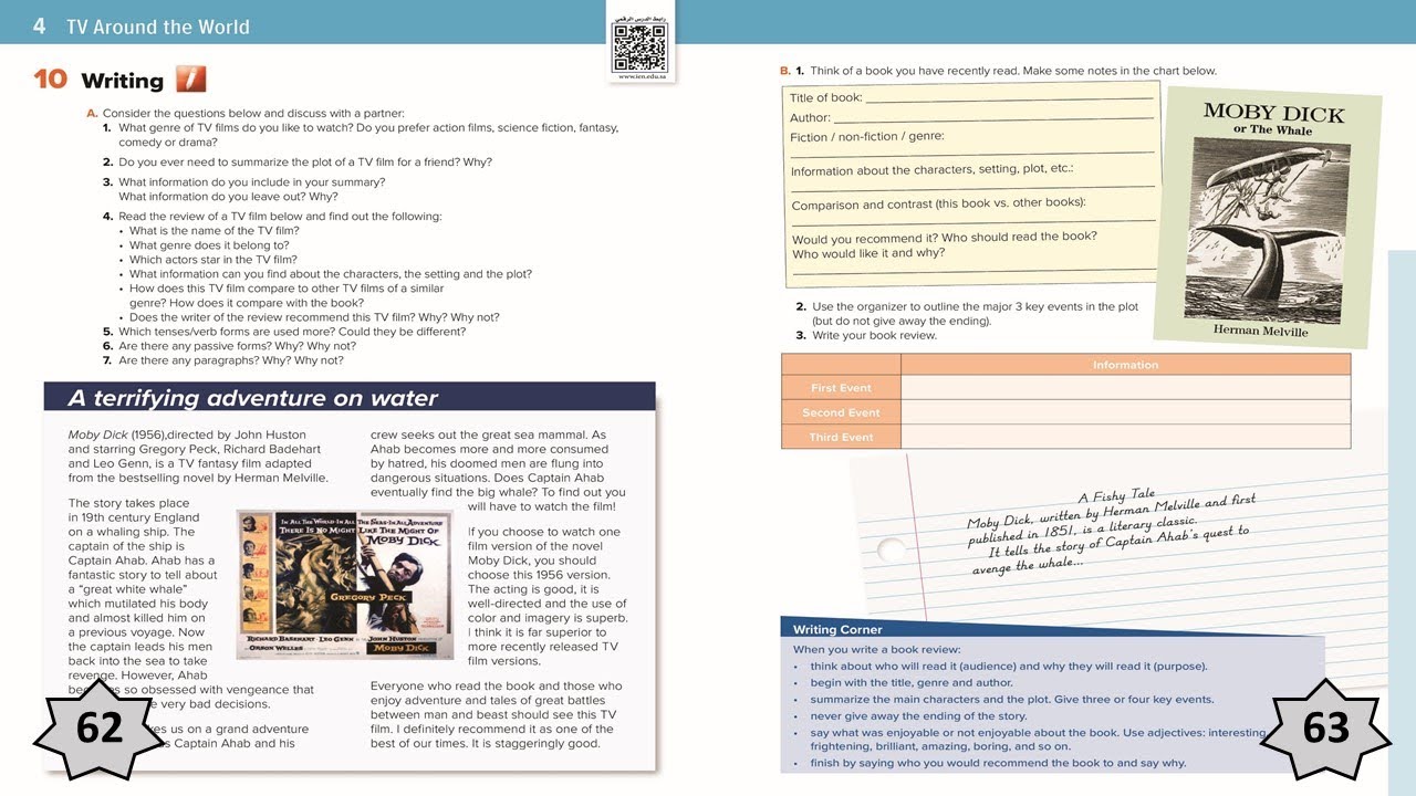 الوحدة الرابعة - Mega goal 3 TV around the world - الدرس الخامس - Writing - pages 62 & 63