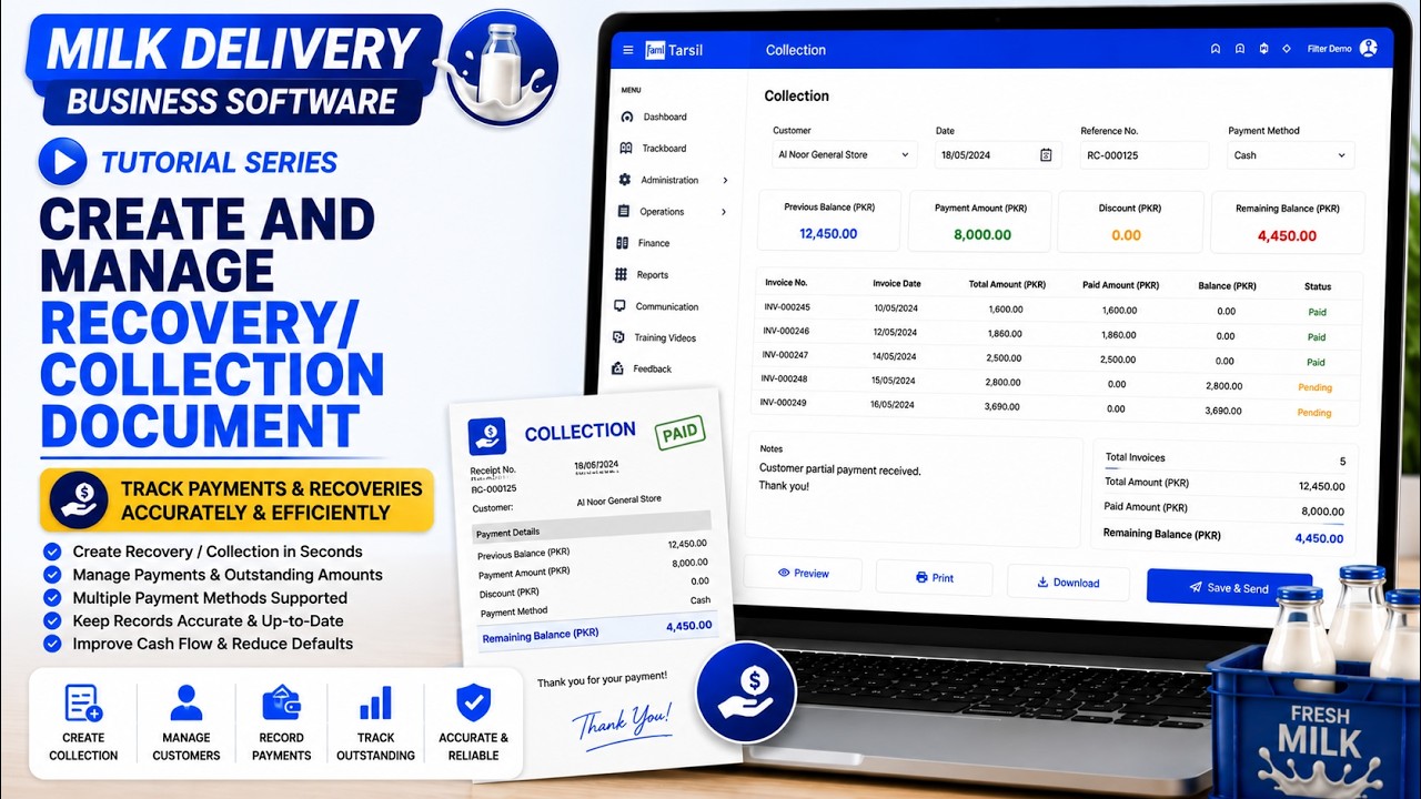 Create and Manage Recovery and Collection Documents | Tarsil Milk Delivery Software