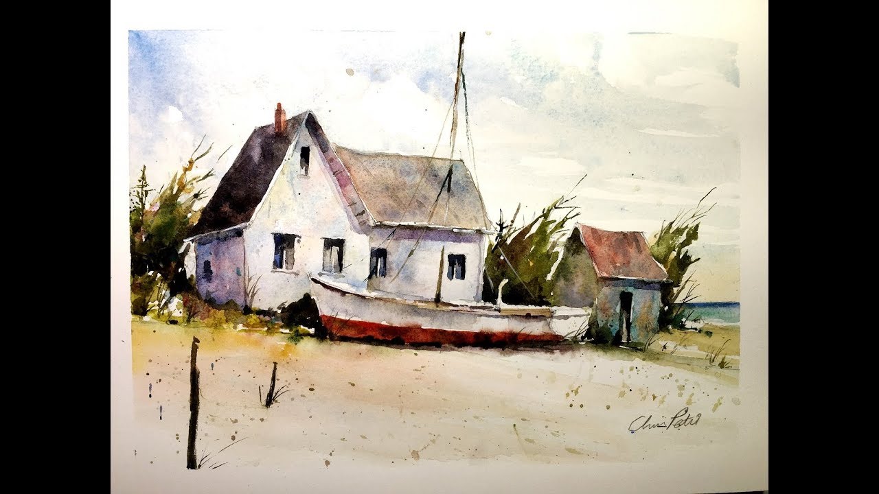 Sailboat and Shorehouse Seascape Scene in Watercolor - with Chris Petri