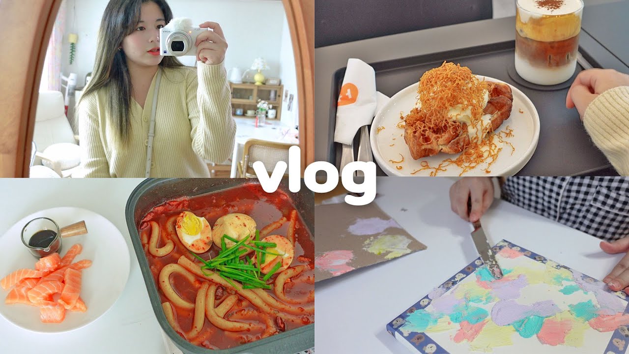 자취일상 vlog | 집밥 해먹기, 혼카페, 다이소 재료로 백드롭페인팅, 택배뜯기(쿠캣마켓/인테리어소품)
