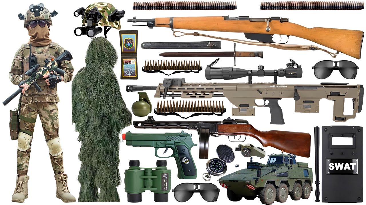 Special Forces Military Toy Gun Set Open Box, M762 assault rifle, tactical helmet, SVD sniper rifle