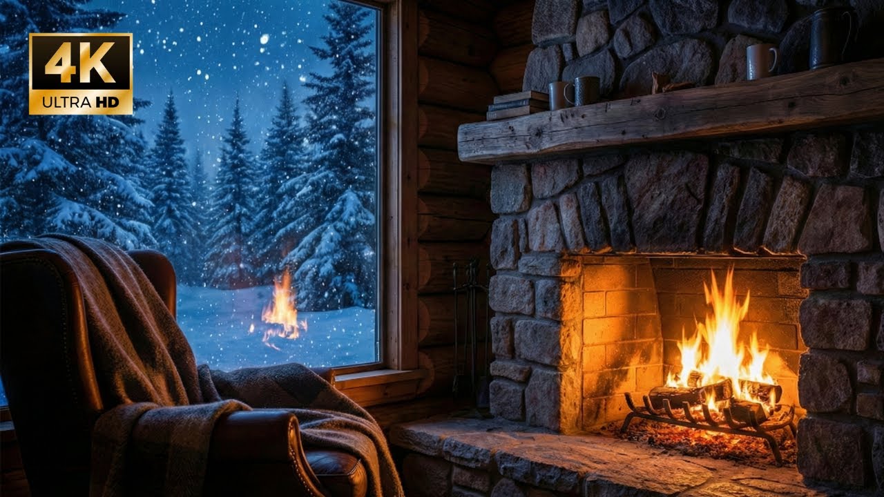 Cozy Winter Cabin Fireplace ❄️🔥 | Snowfall Night Ambience & Crackling Fire Sounds (No Music 4K)
