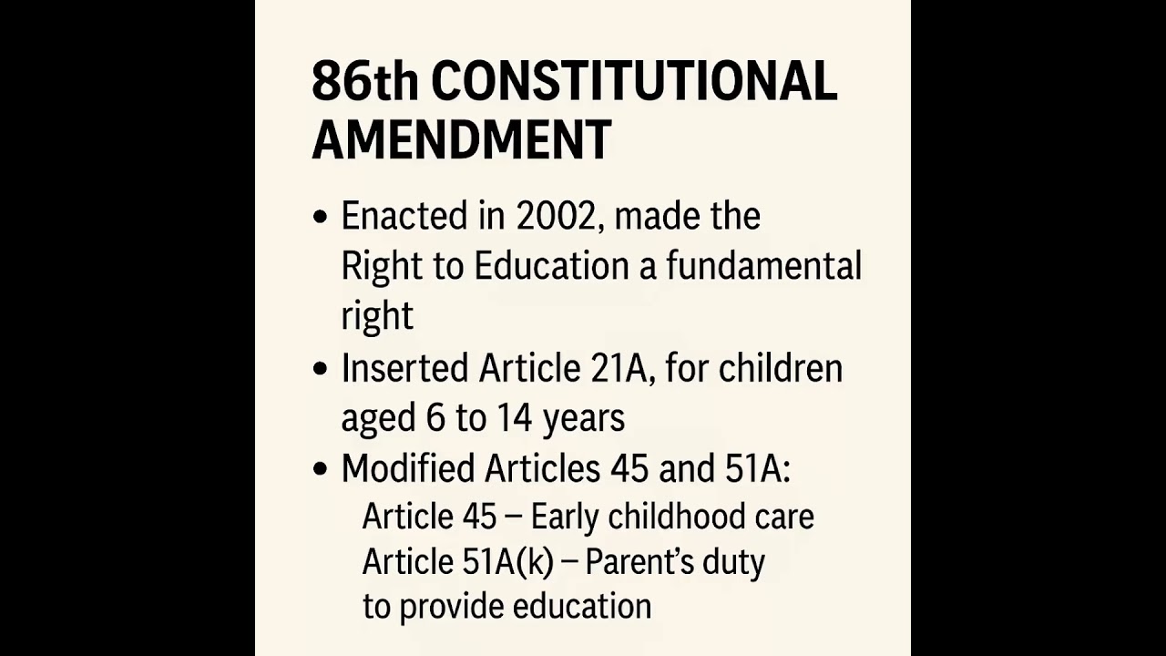 “UPSC Polity Quick Fact: 86th Amendment"Article 21A – Right to Education 