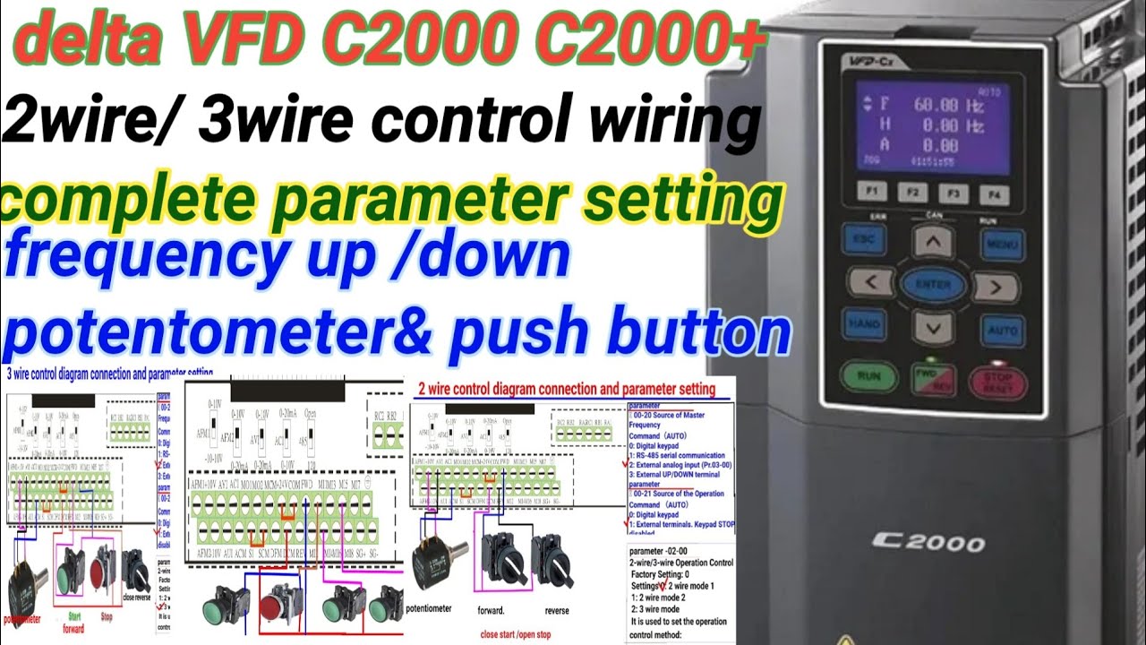 Delta VFD C2000/C2000+ 2wire/ 3wire control wiring diagram & complete parameter setting Hindi video.