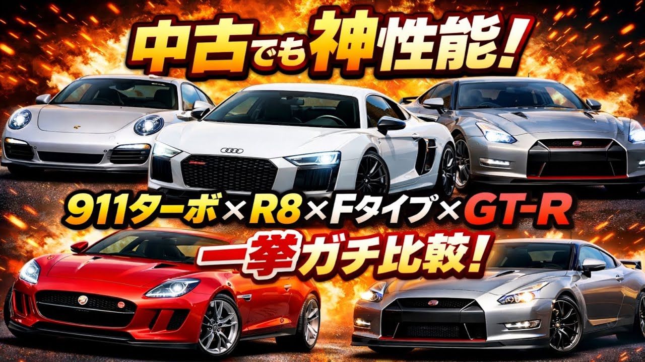🔥🚗「中古でも神性能！」911ターボ×R8×Fタイプ×GT-Rを一挙ガチ比較！