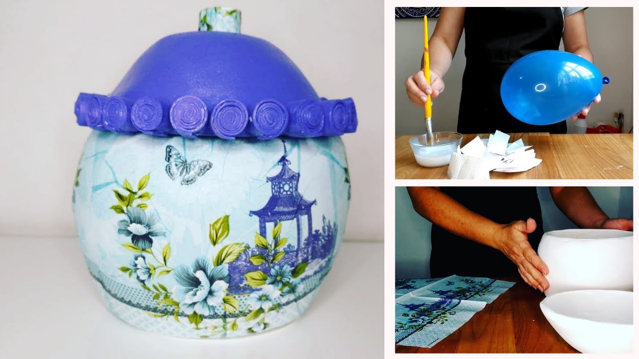 VASO Feito com BEXIGA e Massa Corrida + PINTURA e DECOUPAGEM -  Técnica de Artesanato Criativo - DIY