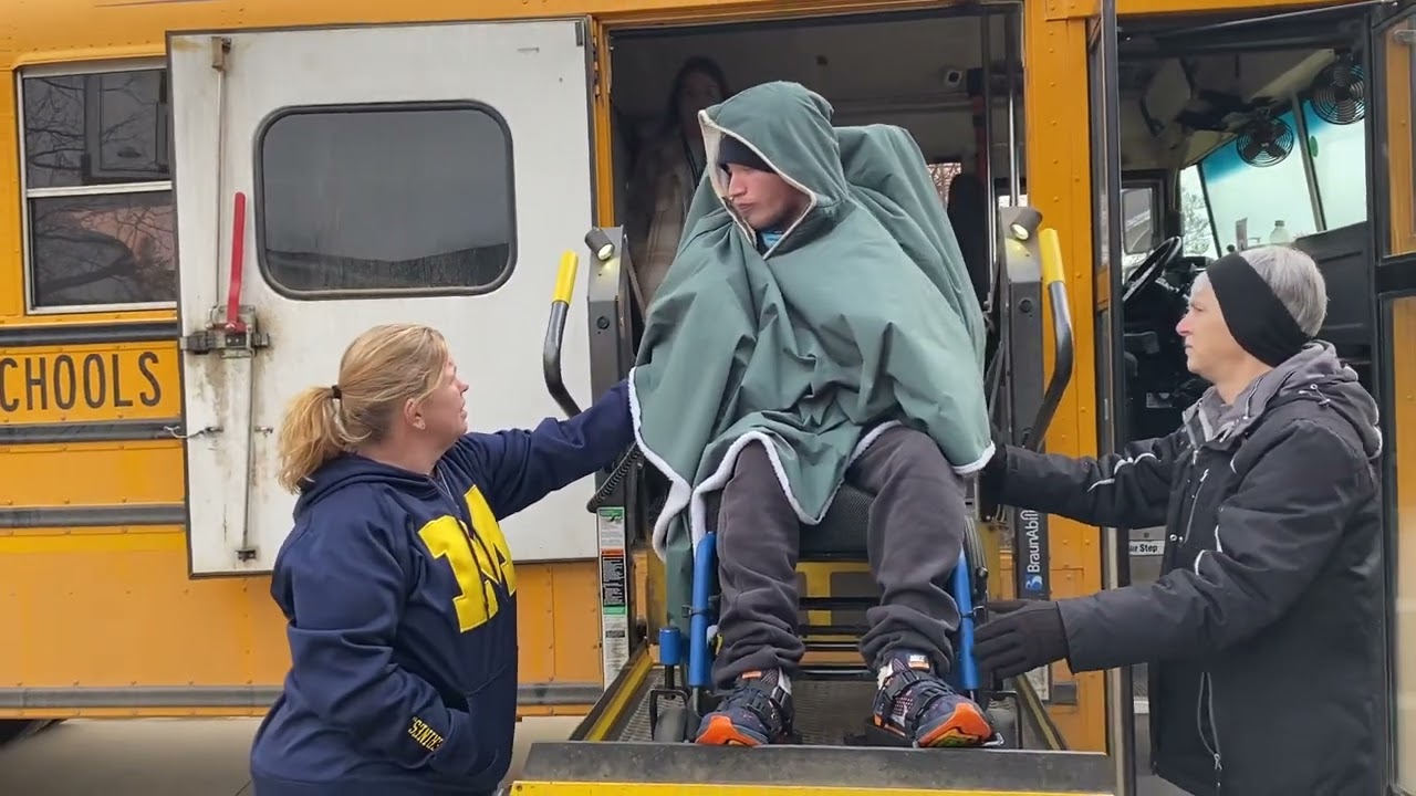 Sam getting off the school bus lift after school 2.6.24 @onthatnote