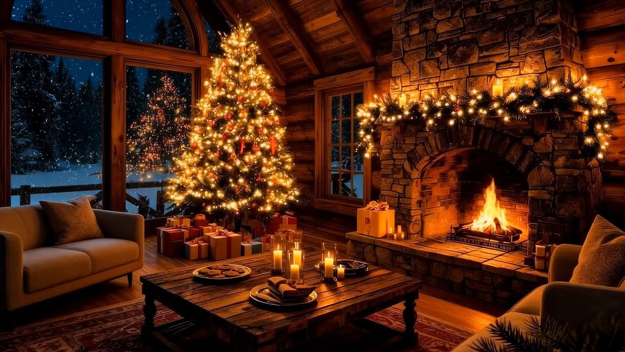 Cozy Cabin Ambience | Instrumental Christmas Music With Crackling Fireplace | Relaxing Sleep & Study