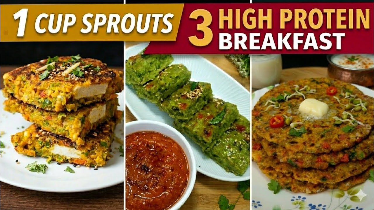 1 Cup Sprouts 3 High Protein Breakfast Recipes | No Bread Sandwich, Dhokla & Paratha|