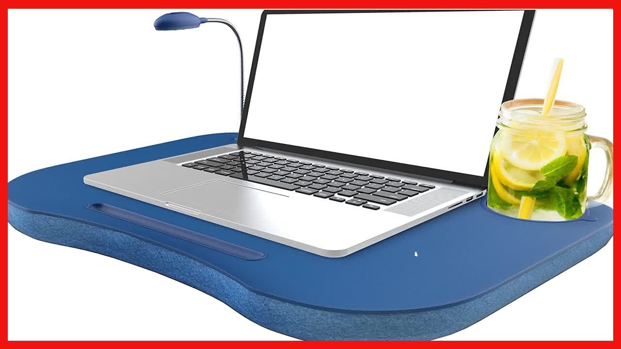 Laptop Lap Desk, Portable with Foam Filled Fleece Cushion, LED Desk Light, Cup Holder-for Homework,