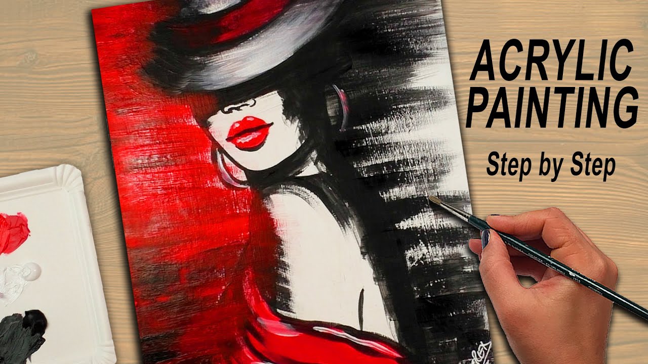 Easy Painting Tutorial Black- White- Red | ABSTRACT Acrylic Painting for Beginners (Lady with Hat)