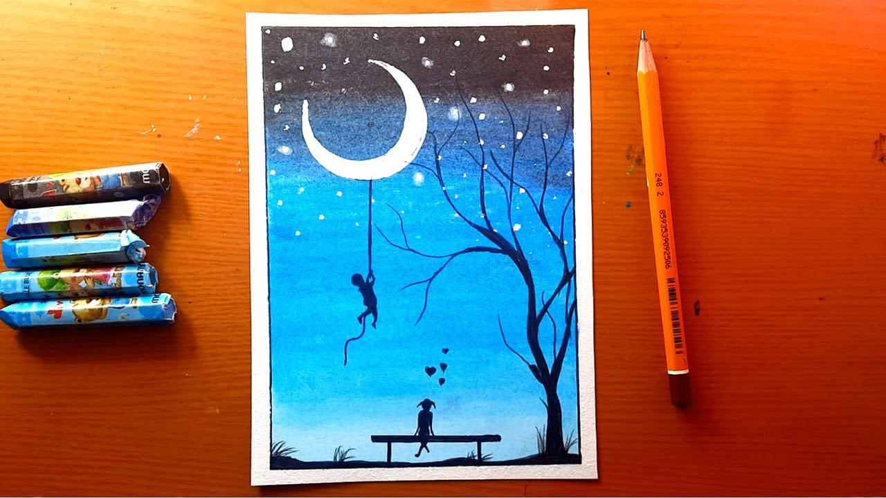 Disegno di scenario di coppia romantica con pastelli ad olio # 86 | disegni pastelli a olio