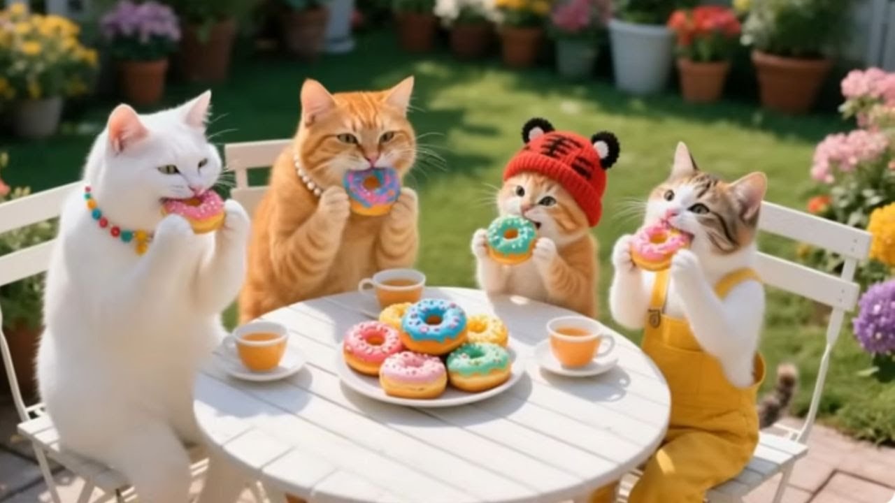Adorable Cats Enjoying Donuts in a Beautiful Garden | Cute Cat Adventures!"