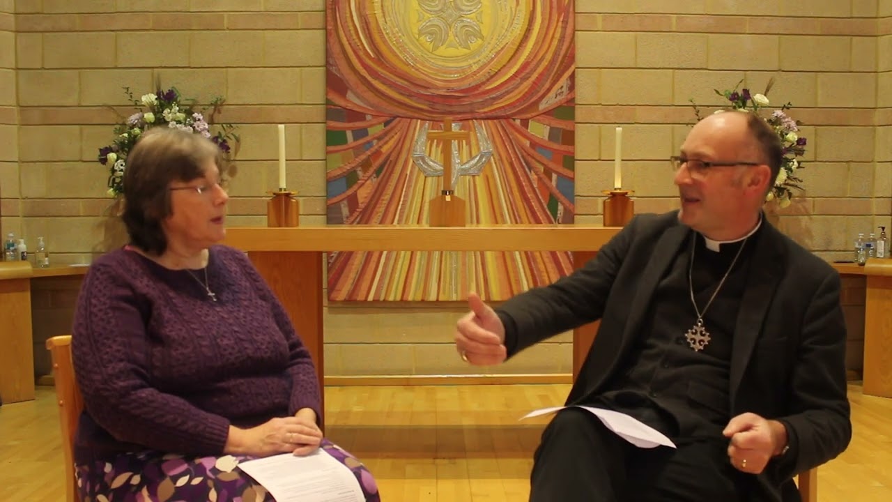 Bishop Will talks to Karen Park,  Eco Church Champion at St Mark's Church, Holbrook.