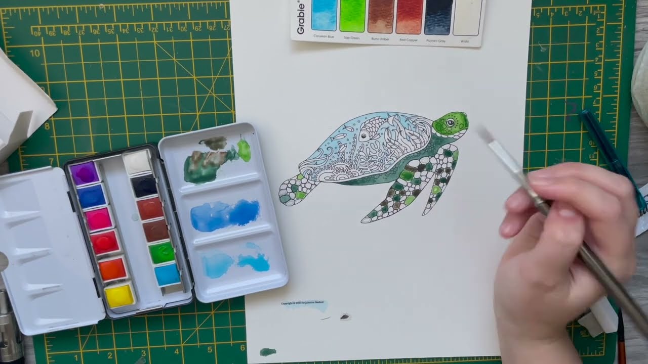 NEW travel watercolour set | Demo on turtle and original paintings! | Grabie | Adult Colouring