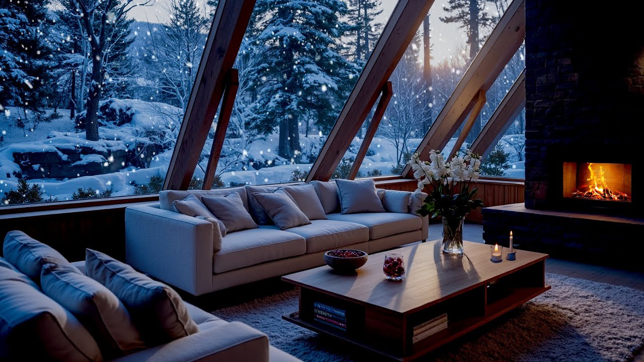 Winter Piano Night in a White Room ❄️ Snowy Window & Fireplace Ambience for Deep Sleep (5 Hours)