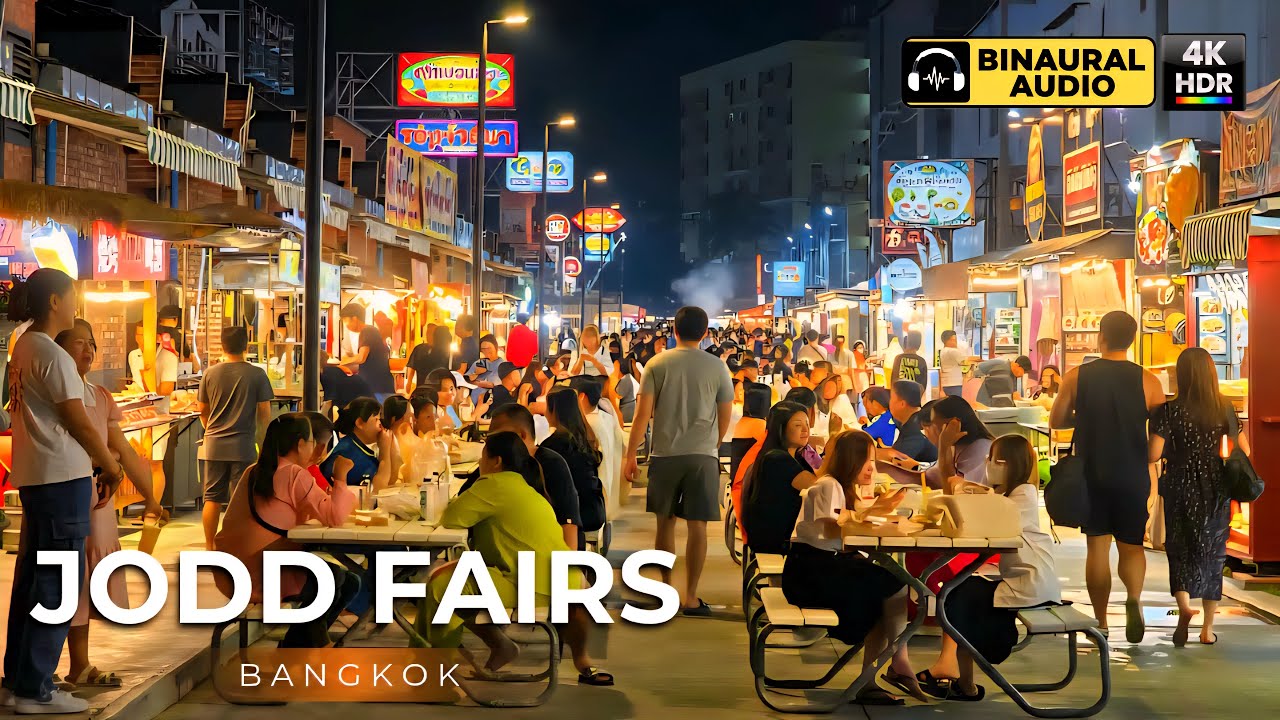 Bangkok JODD FAIRS 🇹🇭 Night Market Crowd & Sounds | 4K HDR Binaural Audio 🎧
