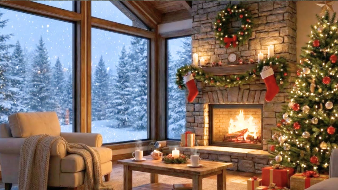 Cozy Christmas Living Room  🎄 Fireplace & Falling Snow | Relaxing Winter Ambience
