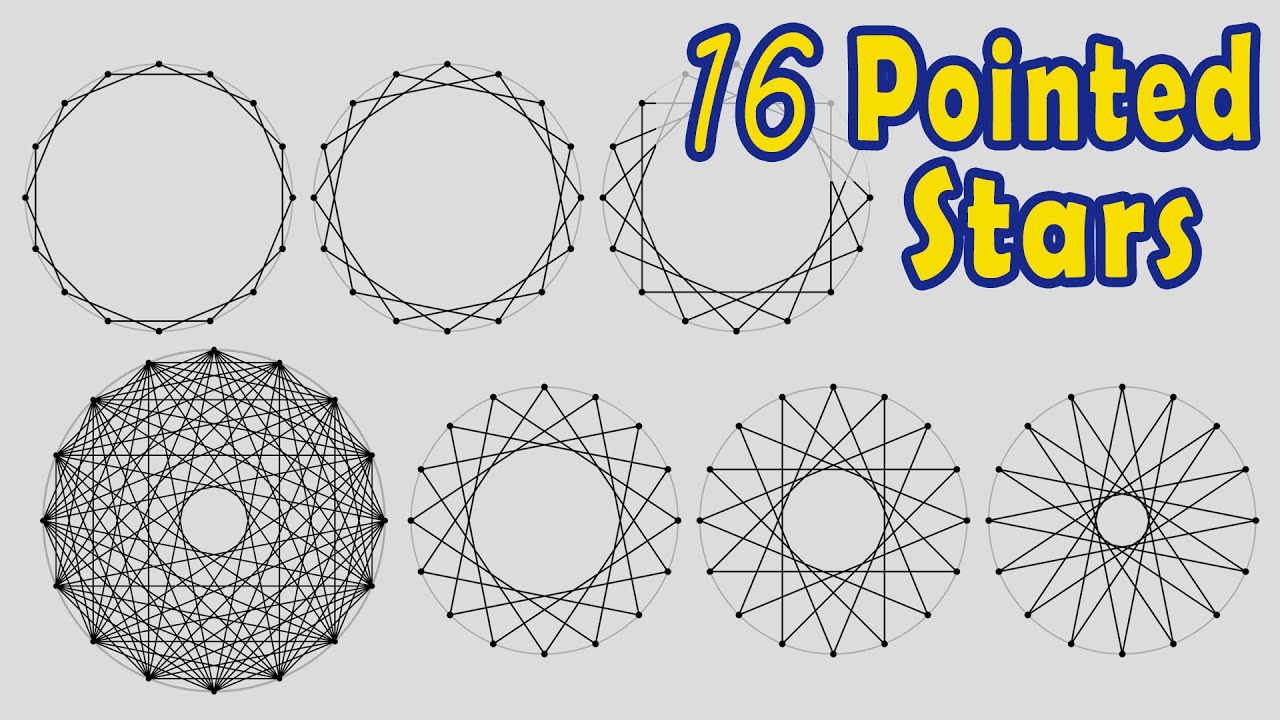 How to Draw a Sixteen Pointed Star - Hexadecagram (16/2 - 16/3 - 16/4 - 16/5 - 16/6 and 16/7)