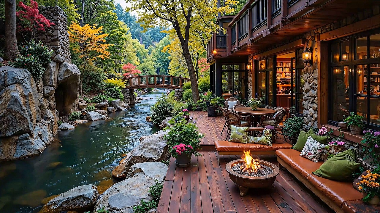 Soothing Piano Music Riverside Porch in Woods 🌺🔥 Crackling Fire Pit & Birdsounds to Study, Work