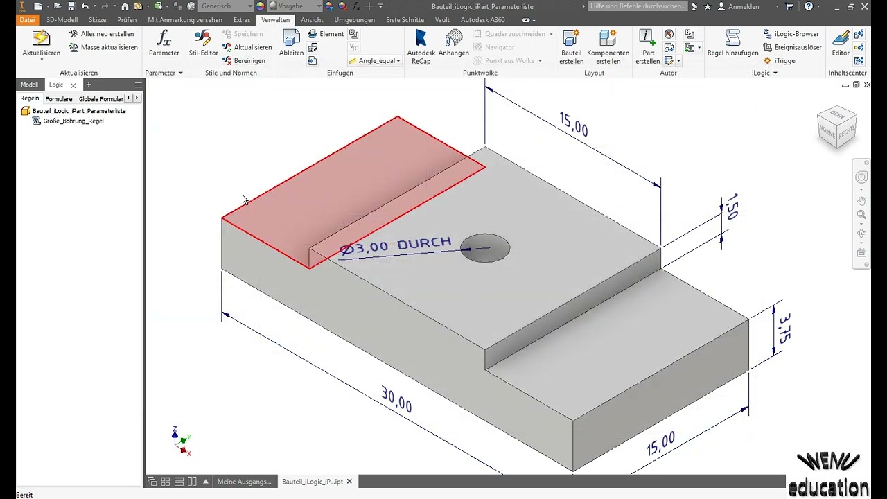 Inventor Tutorial iLogic iPart Parameterliste