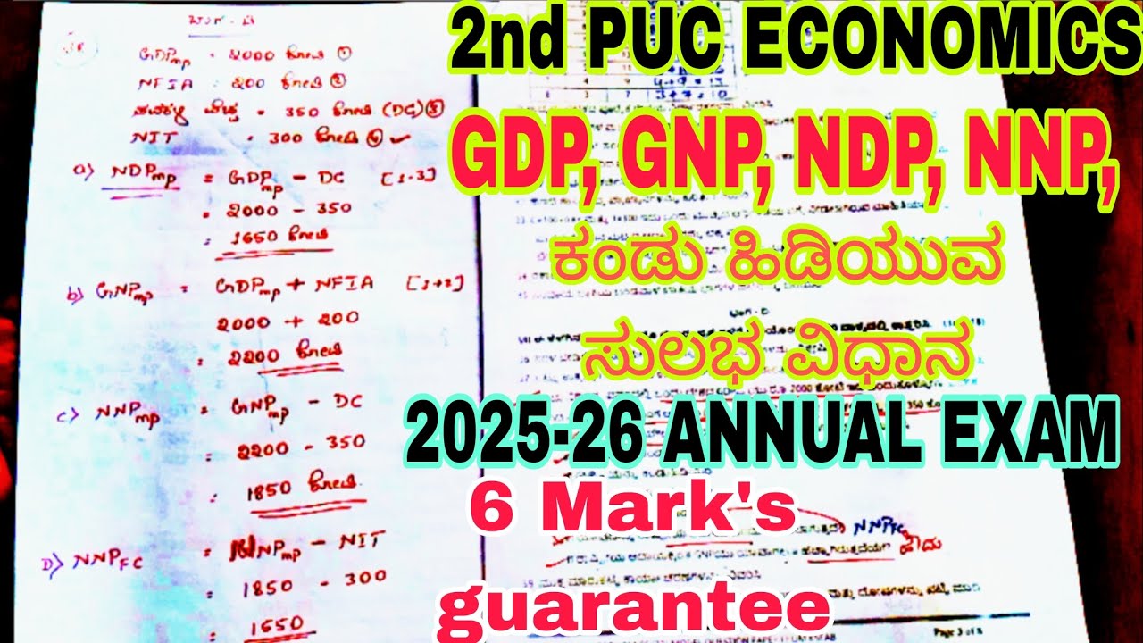 2nd PUC ಅರ್ಥಶಾಸ್ತ್ರ, 6 Mark's GDP, GNP, NDP, NNP ಕಂಡು ಹಿಡಿಯುವುದು 2025-26 EXAM #gdp 