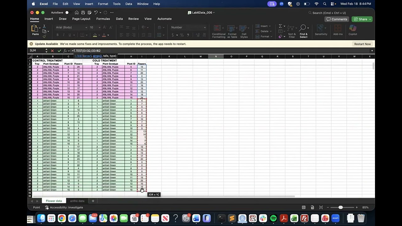 UC Davis BIO1L Lab 6: T-test in Excel