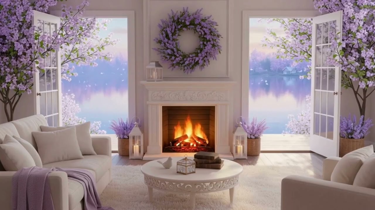 Spring Lakeside Retreat 🌸🍃 Soft Piano & Fireplace Ambience for Stress Relief & Rest