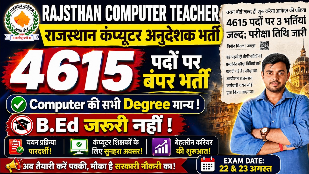 Rajasthan Computer Teacher Vacancy 2025 | Bumper Recruitment for 4615 Posts | B.Ed Not Required! ...