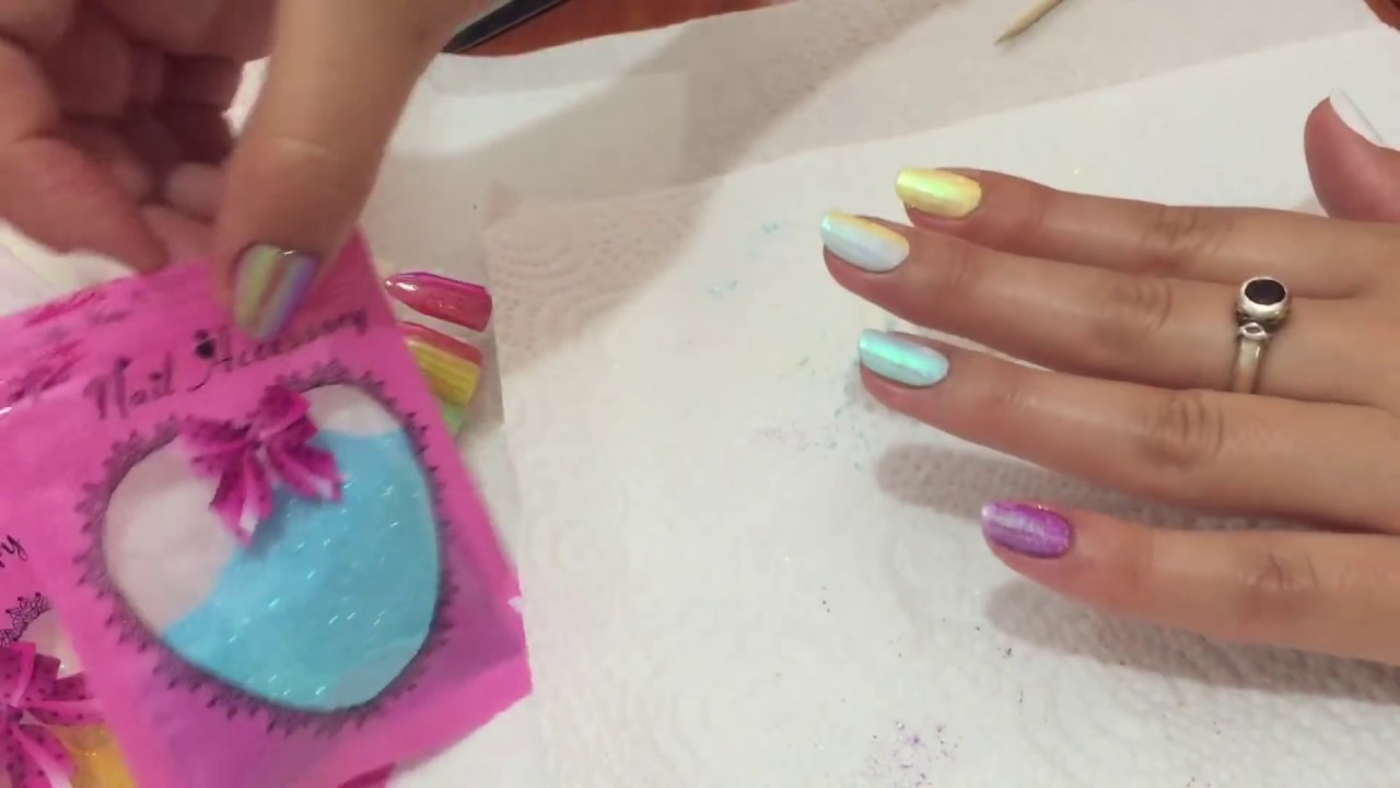 Gel nails with mermaid glitter tutorial לק ג׳ל עם נצנצים צבעוניים