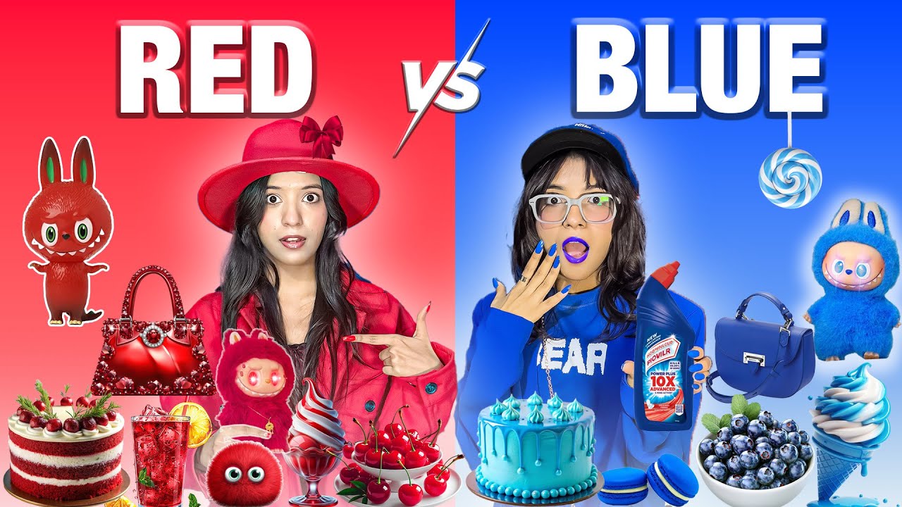 Using Only *Red Blue* Things and Food For 24 Hours Challenge 🥰