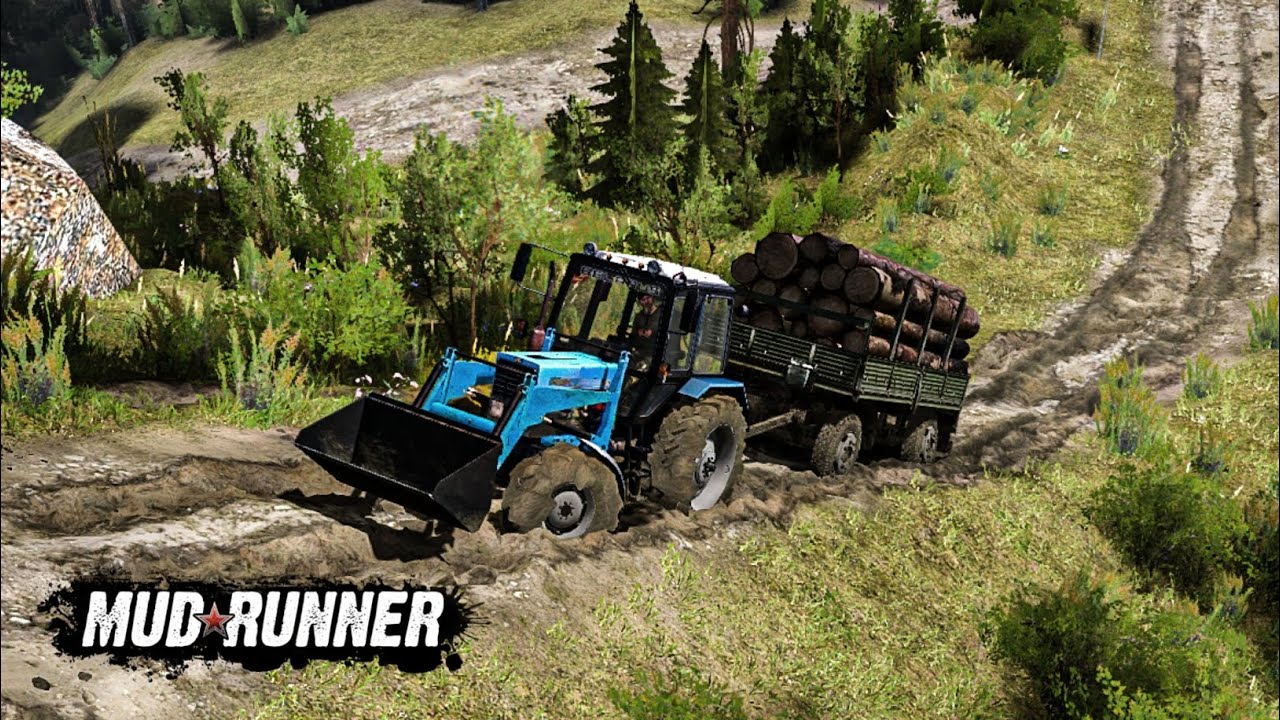 Mini Tractor with Wood Trailer stuck in Mud! Mudrunner Gameplay