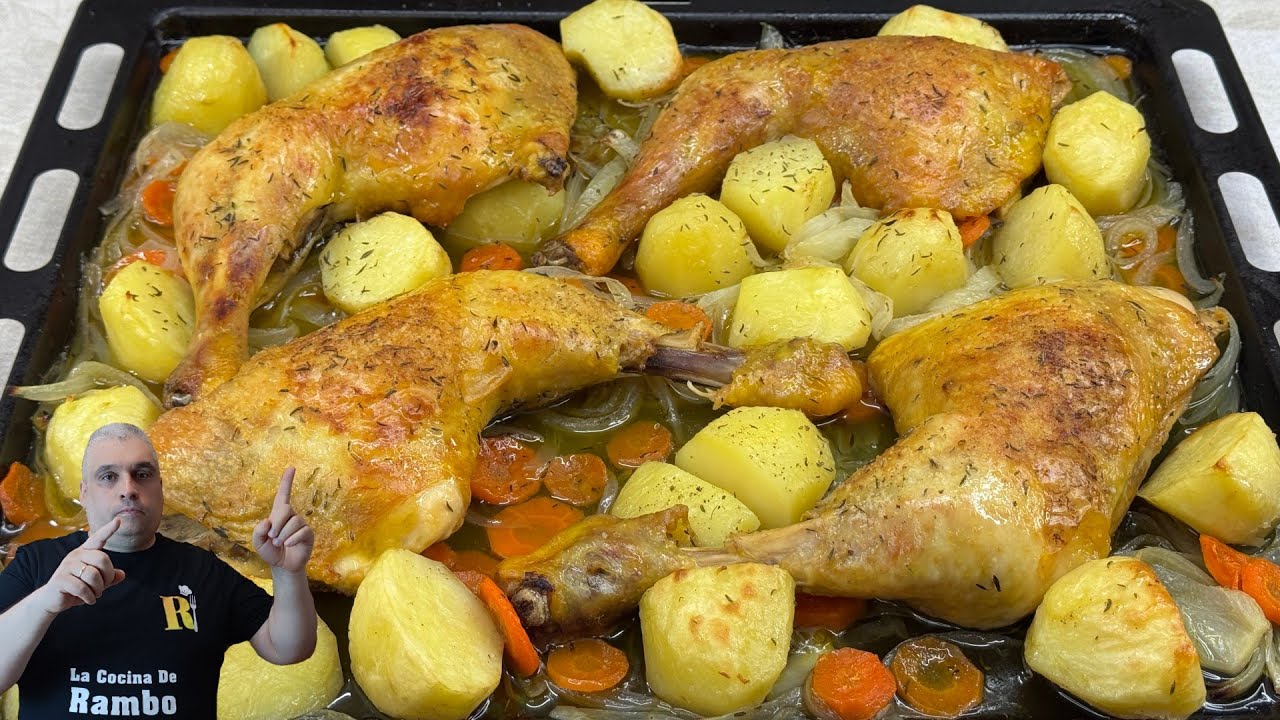 Como hacer Pollo al Horno asado con Patatas, Cebolla y Zanahoria - Recetas Fácil y Rápida 😋😋