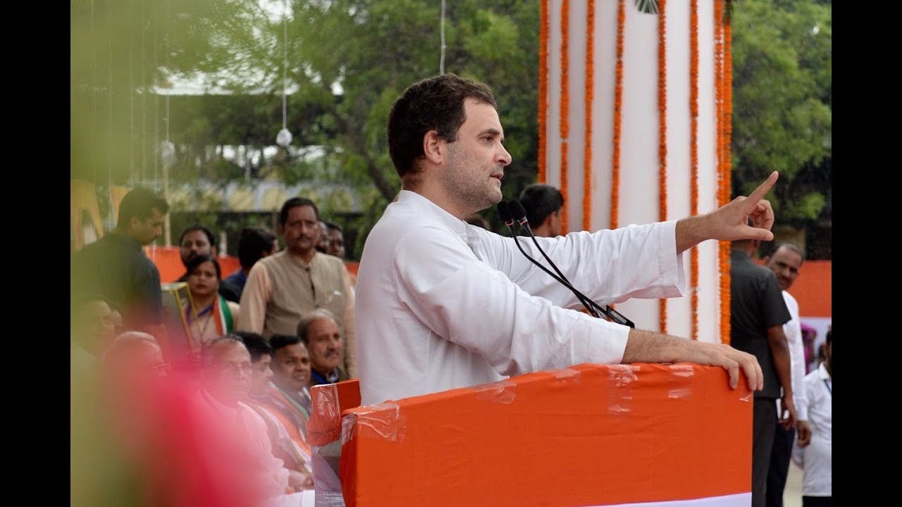 Congress President Rahul Gandhi addresses party workers in Raipur, Chhattisgarh