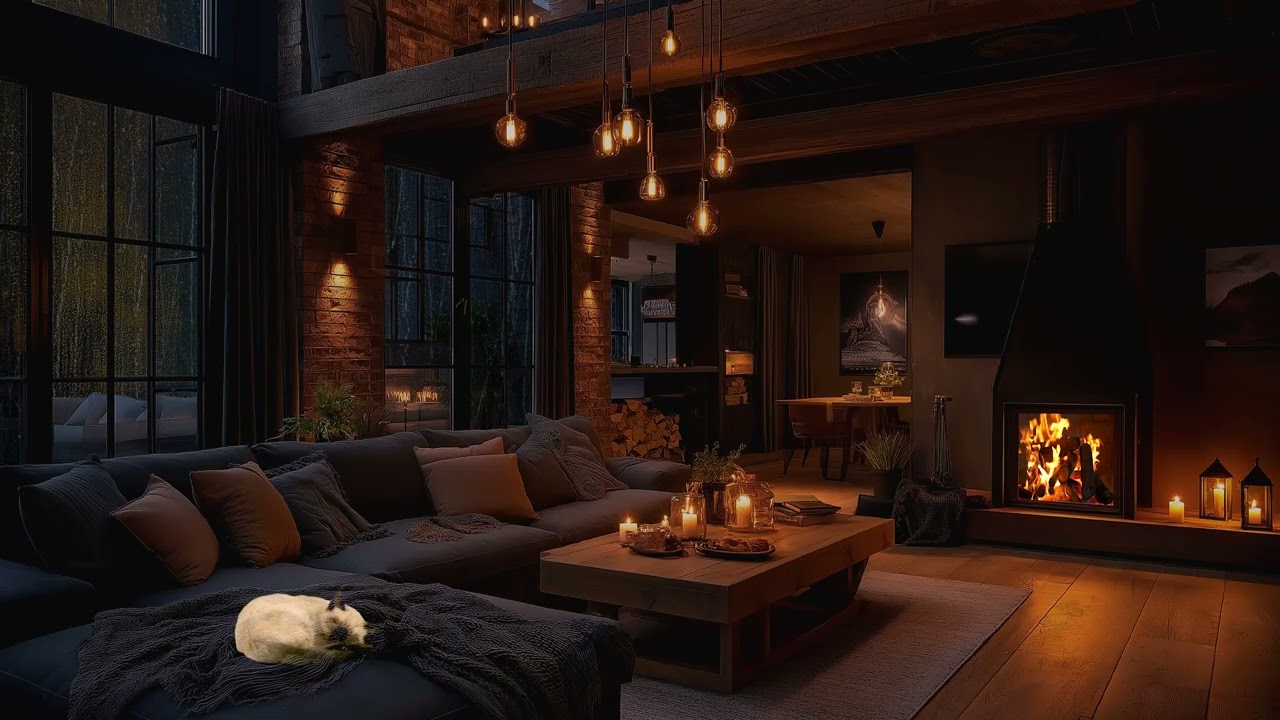 Indoor Rainy Night 🌧️ | Fireplace Crackling & Calm Ambience