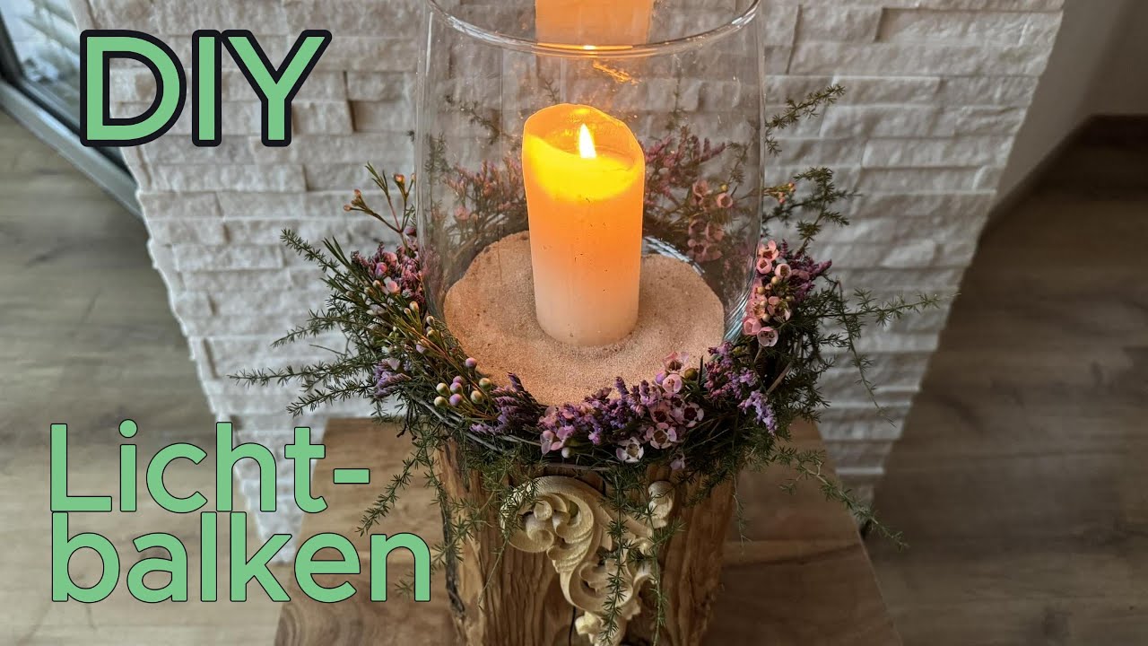 DIY Windlicht mit Asparagus Kranz auf dem Balken. Zeitlos schöne Dekoidee