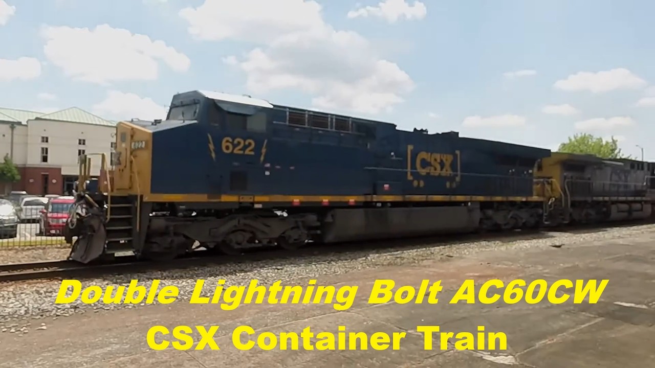 Double Lightning Bolt Locomotive CSX 622 Leads Double Stack Train