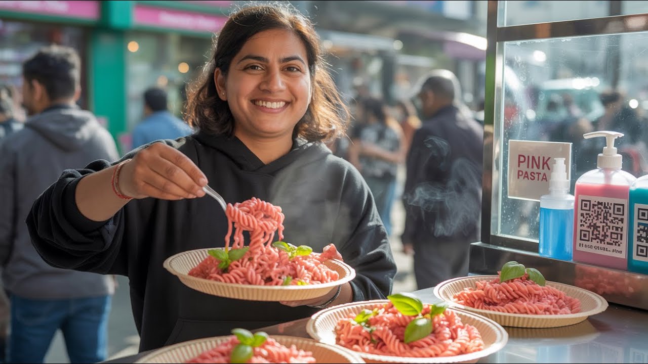 Pink Pasta Queen Serving Street Food India with indori Style