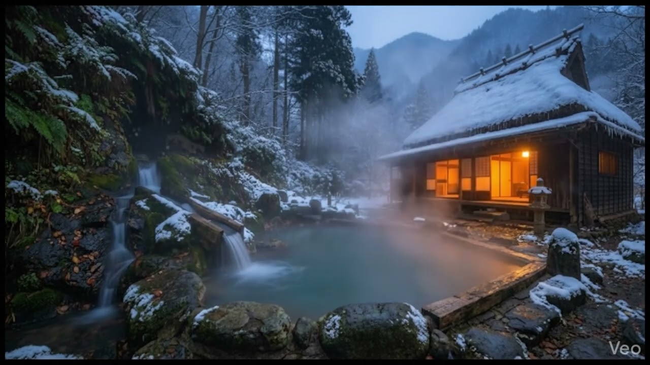 Relaxing Traditional Japanese Onsen , Winter time & Steaming Hot Spring, in 4K, Relax music