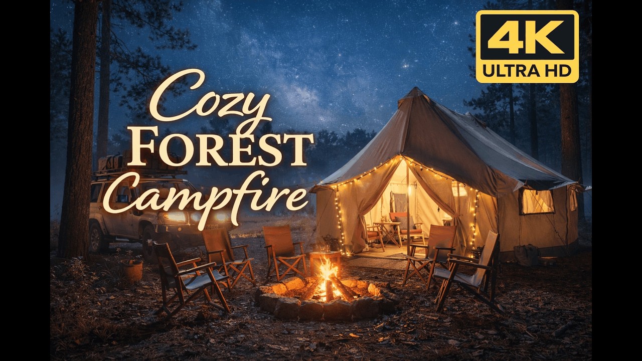 Cozy Forest Campfire Ambience | Night Crickets & Crackling Fire | 4k