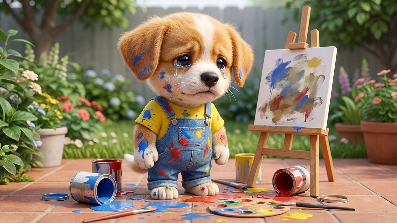 🎨🐶 Щенок потерял краску… Щенок изо всех сил старается перекрасить подарок, символизирующий настоя...