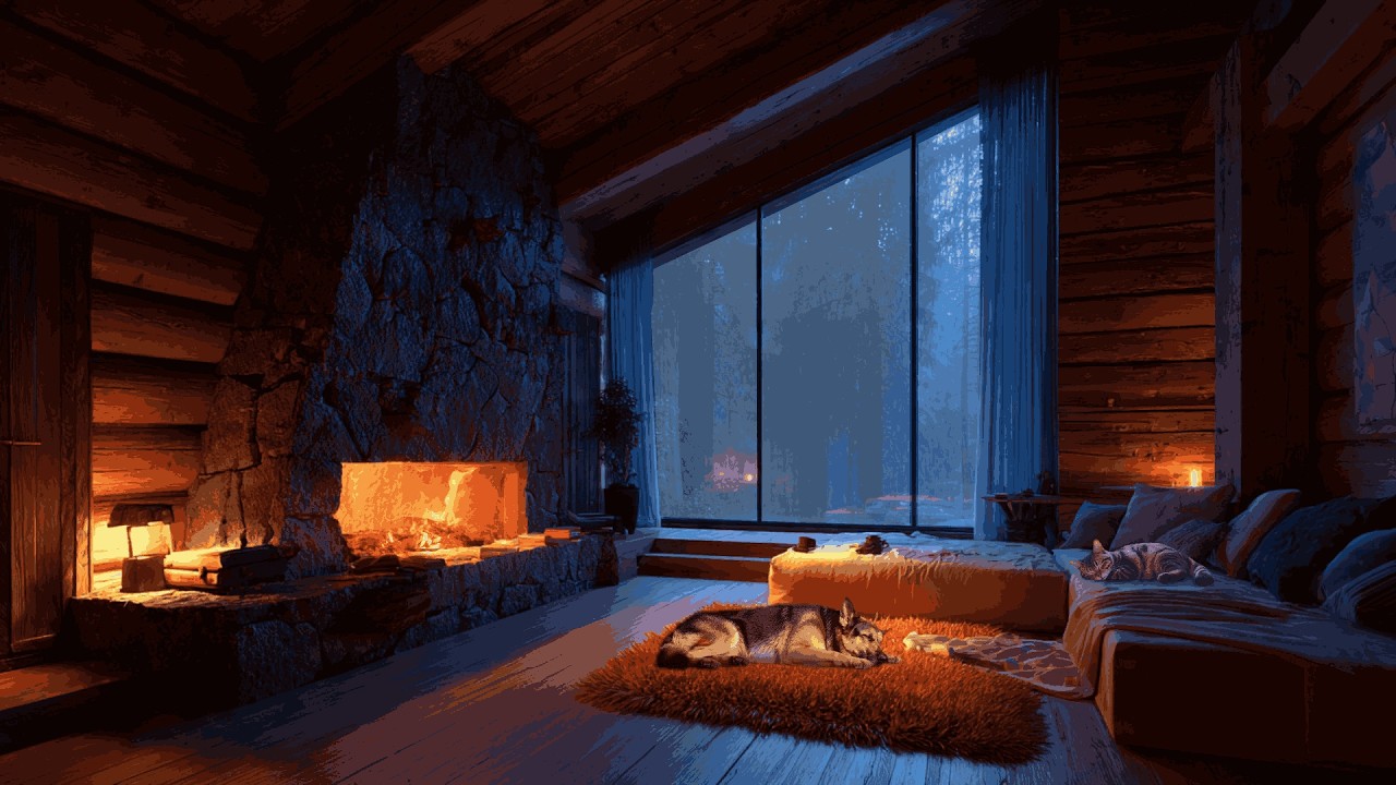 Heavy Rain and Fireplace at Night for Sleep - Relax, Study, Reduce Stress Fast - Calming Your Mind