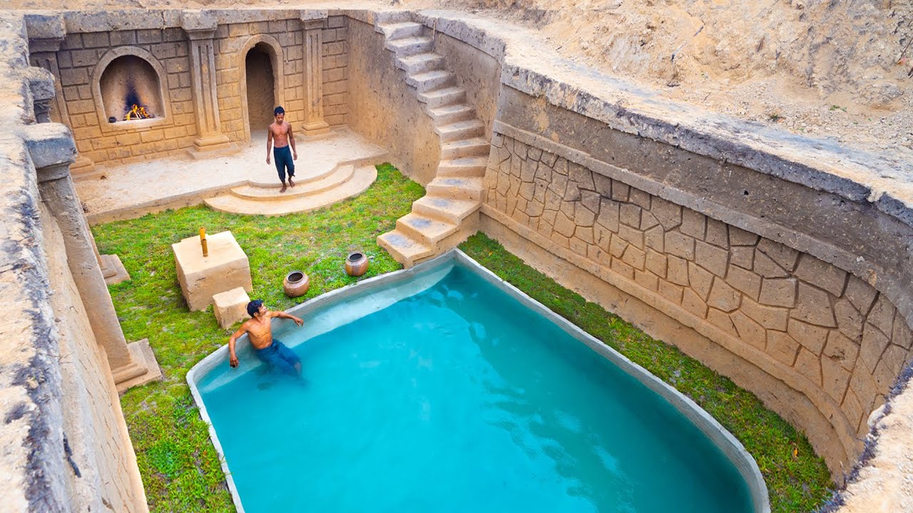 Building an Underground Swimming Pool Hut with a Warm Fireplace